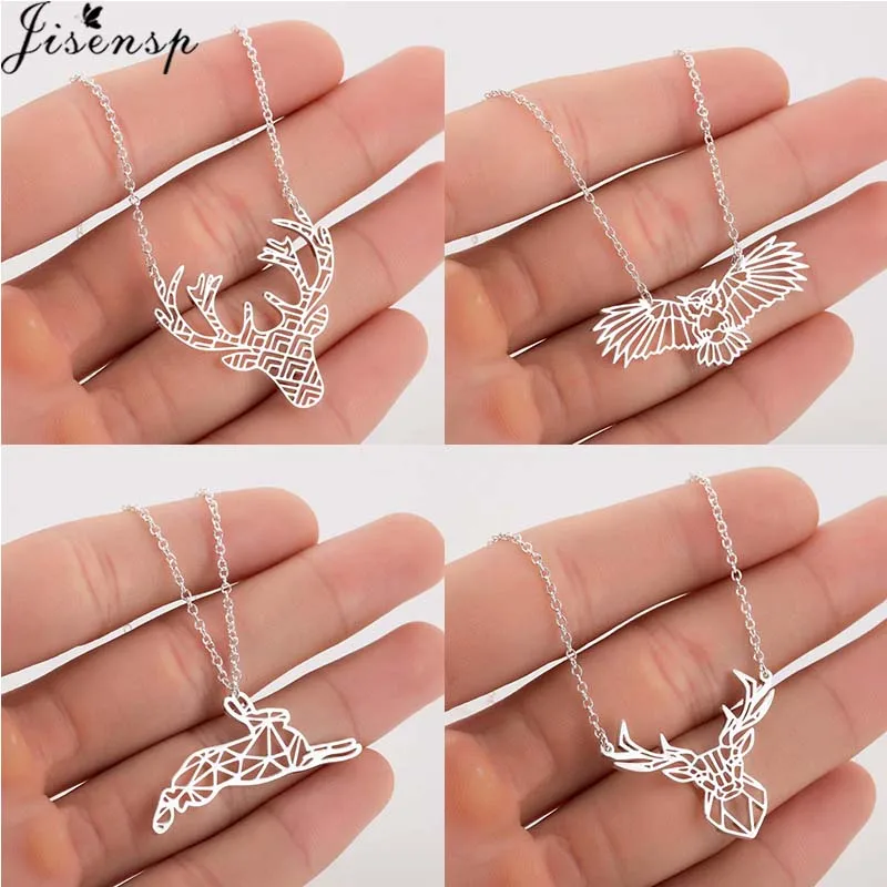 

Jisensp Vintage Origami Animal Stainless Steel Pendant Necklace for Women Delicate Hollow Elk Choker Necklace Fashion Jewelry
