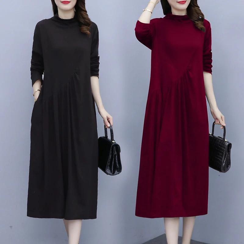 

Женские платья EHQAXIN, Новинка осени 2021, повседневное Свободное длинное плиссированное платье А-образной формы с полувысоким воротником, женское платье