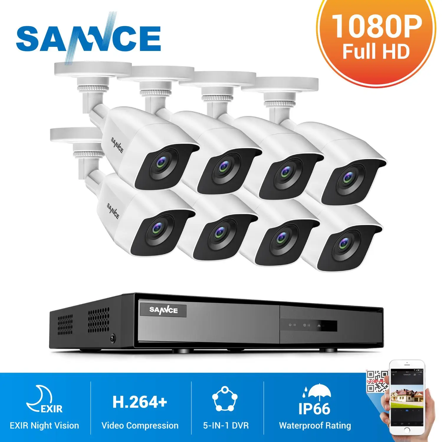SANNCE 8CH 1080P Lite Видеосистема безопасности 5 в 1 DVR с 6X 8X TVI Smart IR наружные