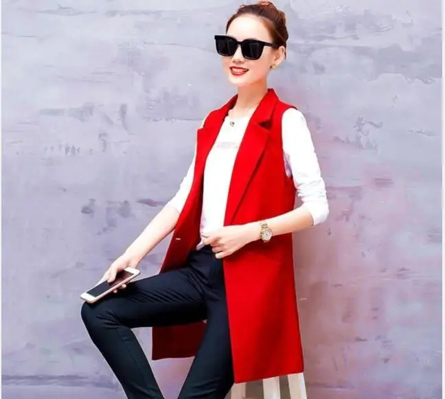 

Женский однотонный жилет без рукавов, 1 шт./лот, Длинный жилет для официальной работы, Женский винтажный облегающий костюм для офиса, черный, красный