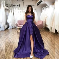 robe de soiree dark purple evening dress satin a line spghetti strap high split evening dresses long formal gowns vestido de fes