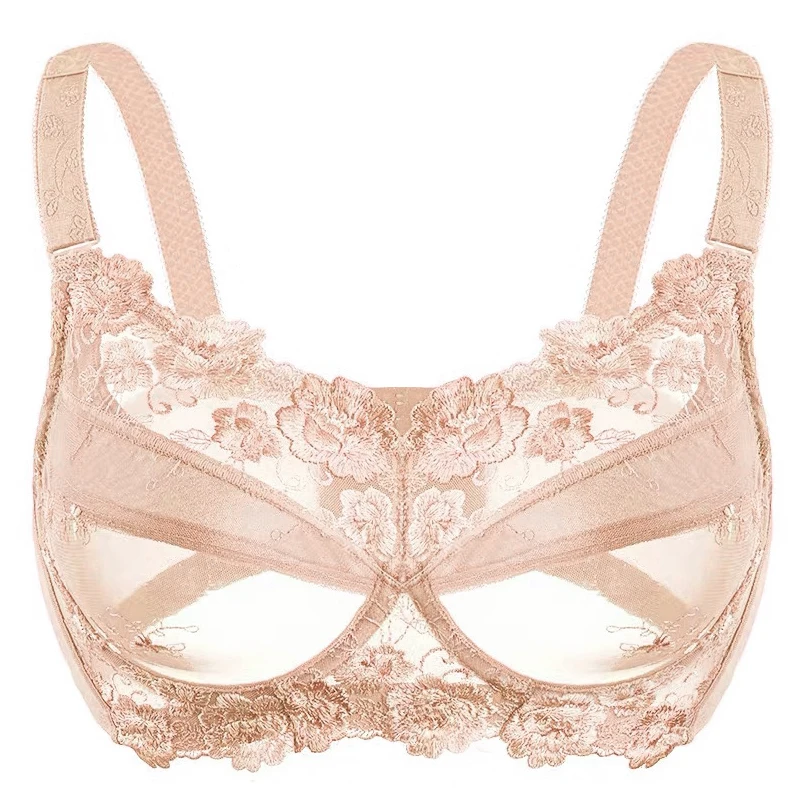 Plus Size Women's Non-padded Full Coverage Underwire Push Up Minimizer Embroidered Bra 75 80 85 90 95 100 105 110 B C D E F G H