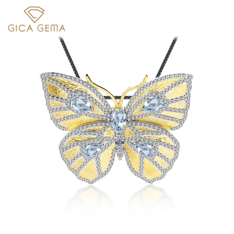 

GICA GEMA 925 Sterling Silver Brooches Natural Sky Blue Topaz Gemstone Elegant Butterfly Pendant Brooch Lady Fine Jewelry