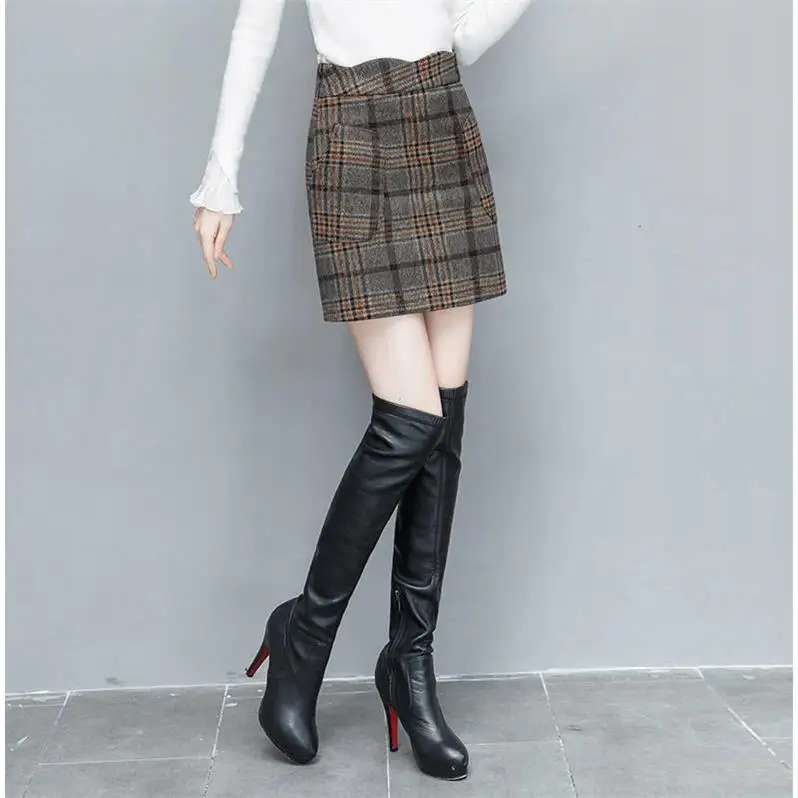 Осенняя Клетчатая Шерстяная Юбка Для Женщин 2020 зимнего размера плюс 4XL с высокой