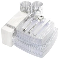 175 pieces of disposable tableware plastic square diamond plate silverware and napkin cup set wedding birthday party supplies