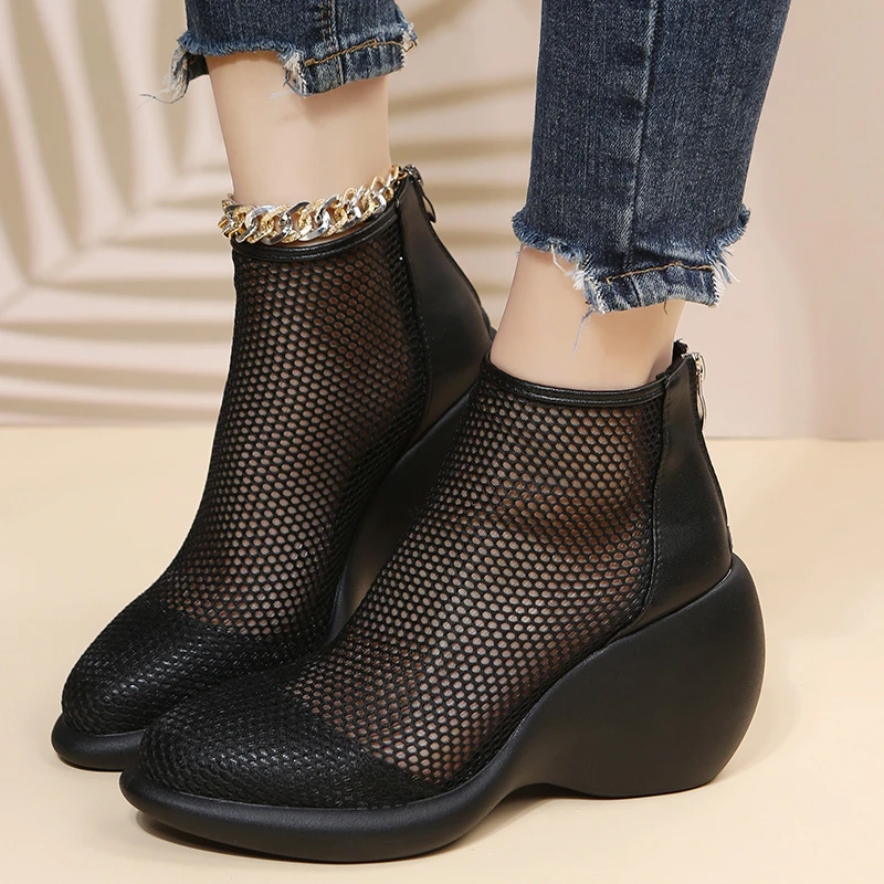 

Women's Vulcanized Shoes Spring and Autumn New Fashion Mesh Wedge Ankle Boots Sexy Round Toe Platform Boots Hollow Back Zipper