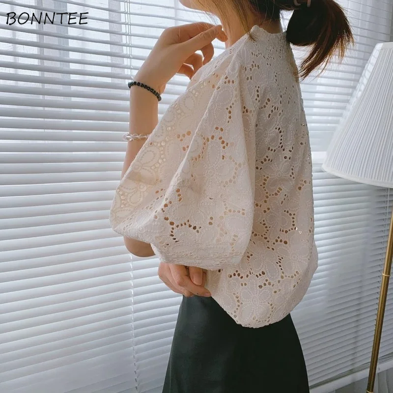 Blouse Women Hollow Out Sexy Ladies Clothes O-Neck Fashion Loose Korean Style Cozy Elegant College Solid Party Vintage Ins Retro