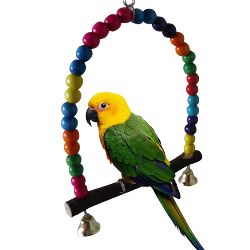 

2019 Natural Wooden Parrots Swing Toy Birds Perch Hanging Swings Cage With Colorful Beads Bells Toys Bird Supplies