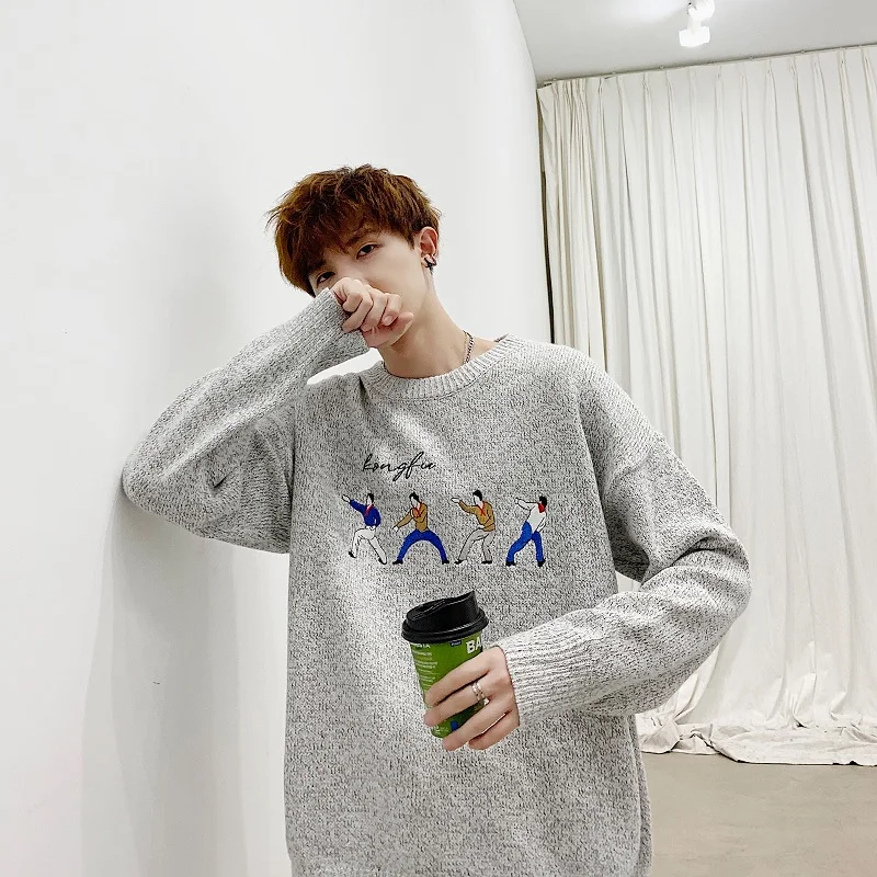 Men's Round Neck Sweater Autumn 2019 New Youth Thickening Knit Korean Cartoon Long Sleeve Loose Men Sueter De Homb | Мужская одежда
