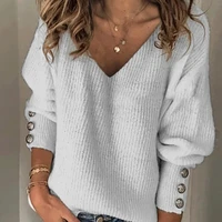 top womens sweater autumn winter knit pullover buttons cuff long sleeve v neck ribbed sweater