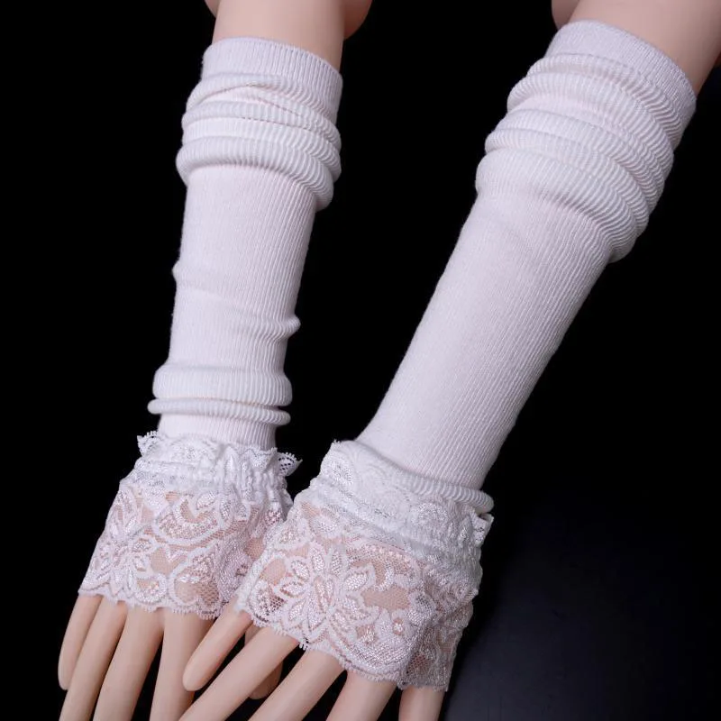 

European Women Tiered Ruffles Lace Horn Cuffs Wrinkled Layered Princess Retro White Decorative Fake Sleeve Wrist Warmer