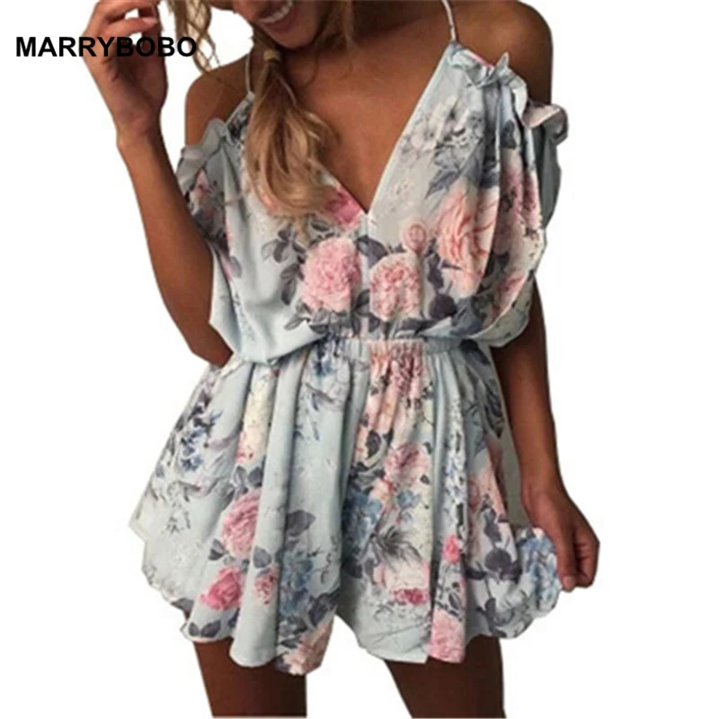 Комбинезон женский с открытыми плечами V-образным вырезом цветочным принтом и