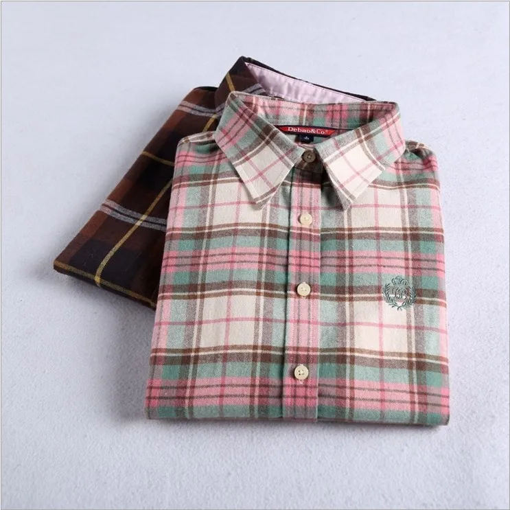 Осенняя модная женская клетчатая рубашка Фланелевая с отворотом блуза длинным