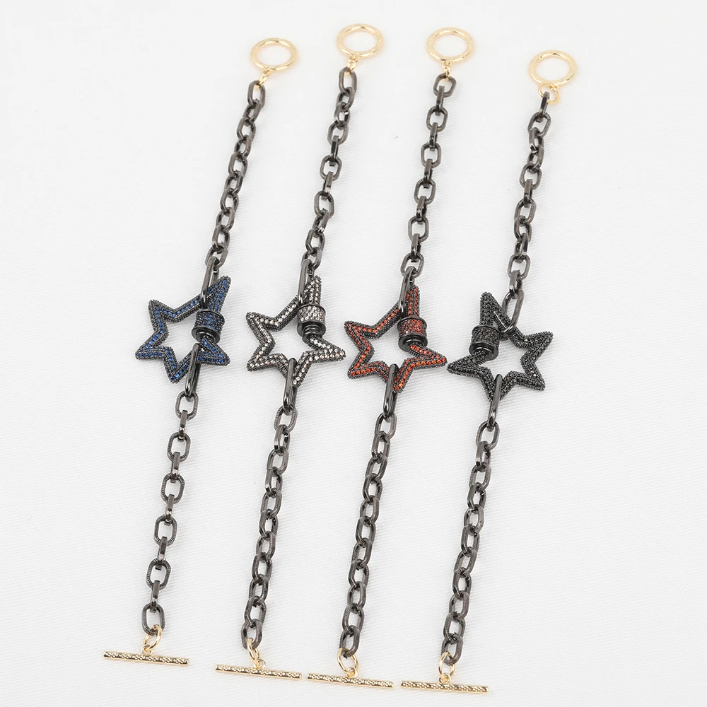 

3pcs/Lot Blue Purple Zirconia Paved Five Point Stars Screw Clasps Gun Black Metal Bracelet Fashion Women Handmade Punk Jewelry