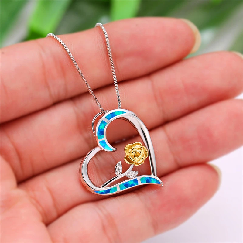 

Boho Female Big Rose Flower Heart Pendants Necklaces Silver Color Wedding Necklaces For Women Blue White Fire Opal Necklace