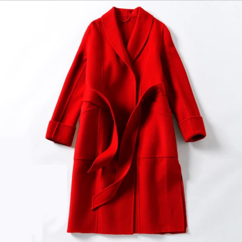 

Winter Woolen New Female Overcoat wool Fork opening Over knee Jackets Women Autumn Ladies Slim Outerwear Long Red Medium Coat