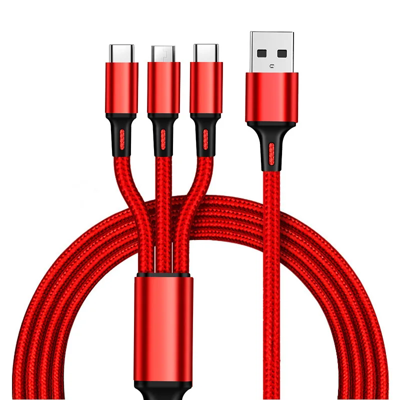 nylon cable 3 in 1 charging cable for iphone android type c mobile phone multi function usb one dragging three data cable 1 2m free global shipping