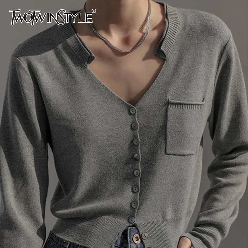 

TWOTWINSTYLE Multicolor T Shirts For Female V Neck Long Sleeve Solid Color Women's Casual Knitting T Shirt Fashion New 2021
