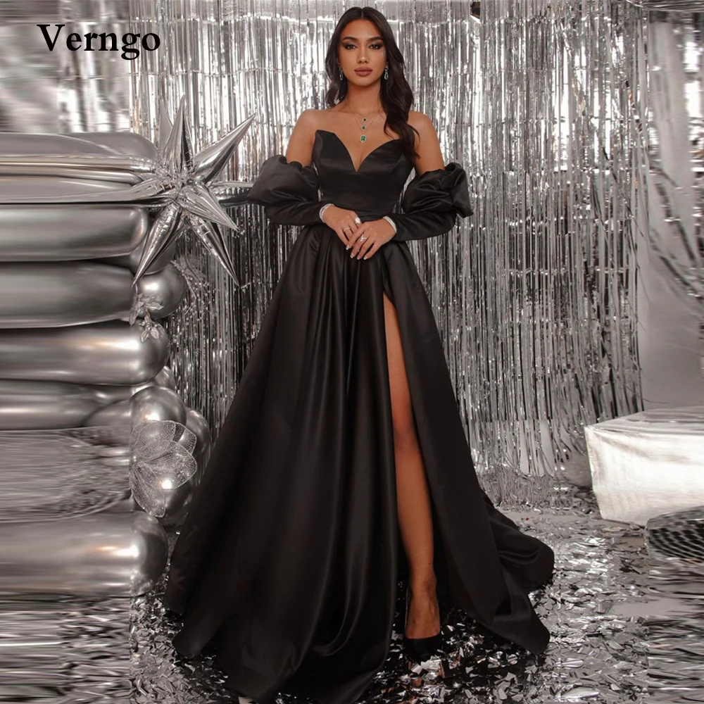 

Verngo Simple Black Satin Evening Dresses Long Sleeves Sweetheart Side Slit Modern Formal Prom Dress Women Party Gown 2022