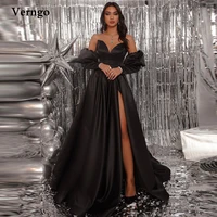 verngo simple black satin evening dresses long sleeves sweetheart side slit modern formal prom dress women party gown 2022