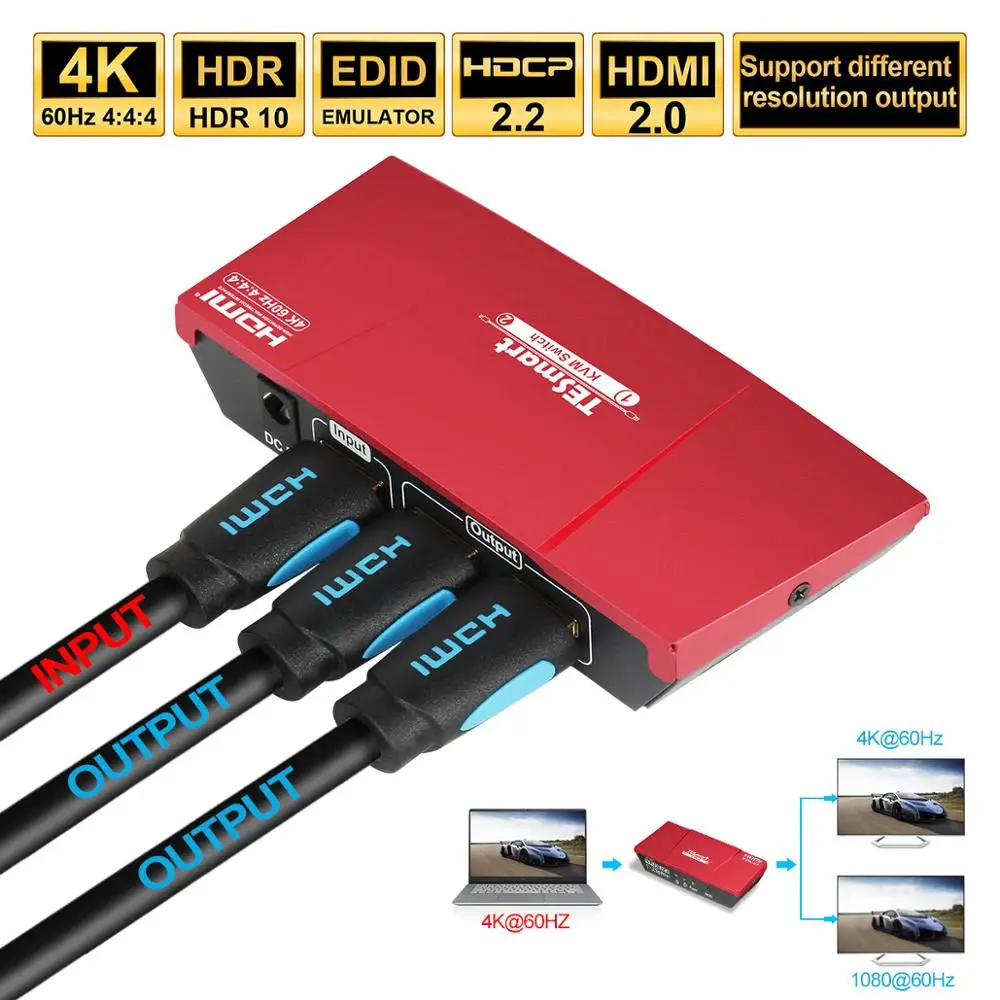 1x2 HDMI Сплиттер 4 k@ 60Hz двойной монитор дублирующий сплиттер HDMI 1 в 2 Выход HDMI переключатель видео и аудио Ultra HD 4 k@ 60Hz 3D HDCP2.2