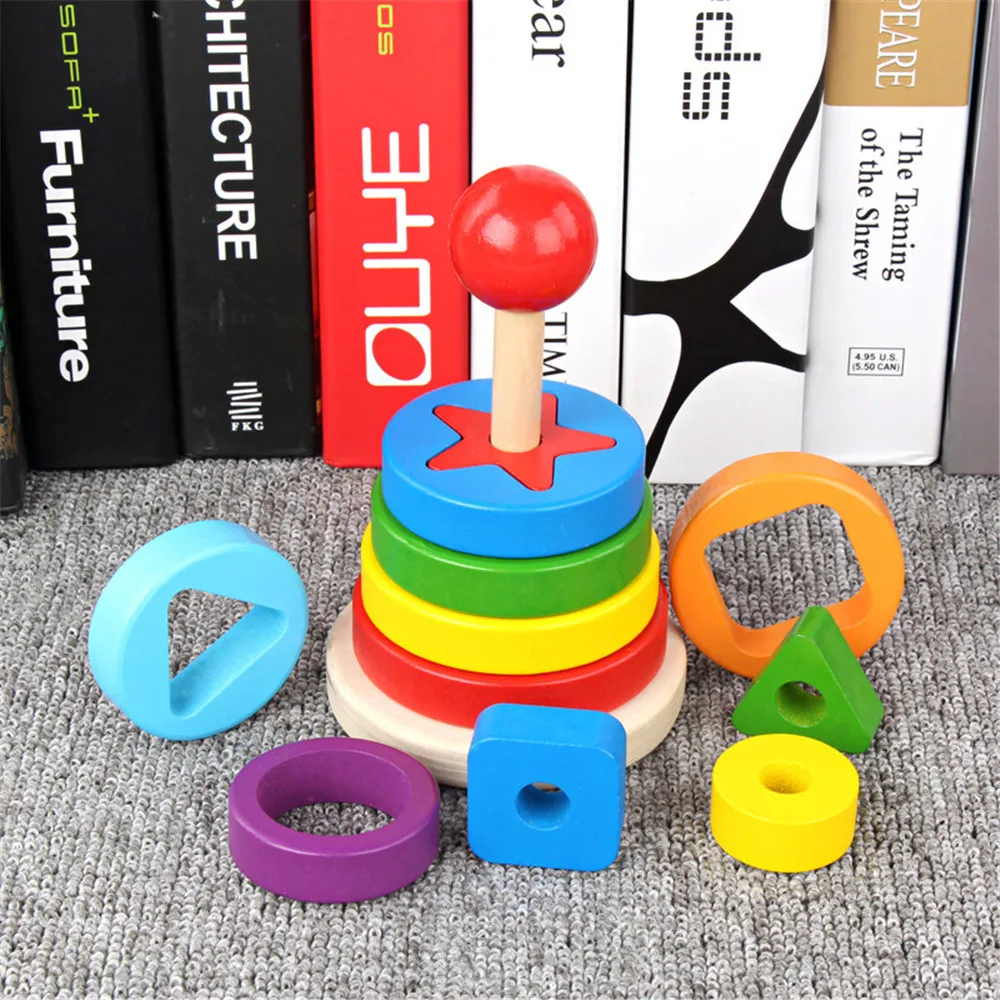 Torre de madera Han&oacute;i para ni&ntilde;os, juguete de apilamiento de arco&iacute;ris, bloques a juego para Aprendizaje de beb&eacute;, educaci&oacute;n, Color de juguete cognitivo-1