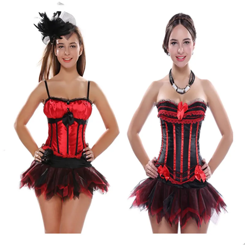 

Plus Size 2XL Red Satin Overbust Corset Dancer Showgirl Corset Tops + TuTu Skirts Dress Waist Cincher Bustier
