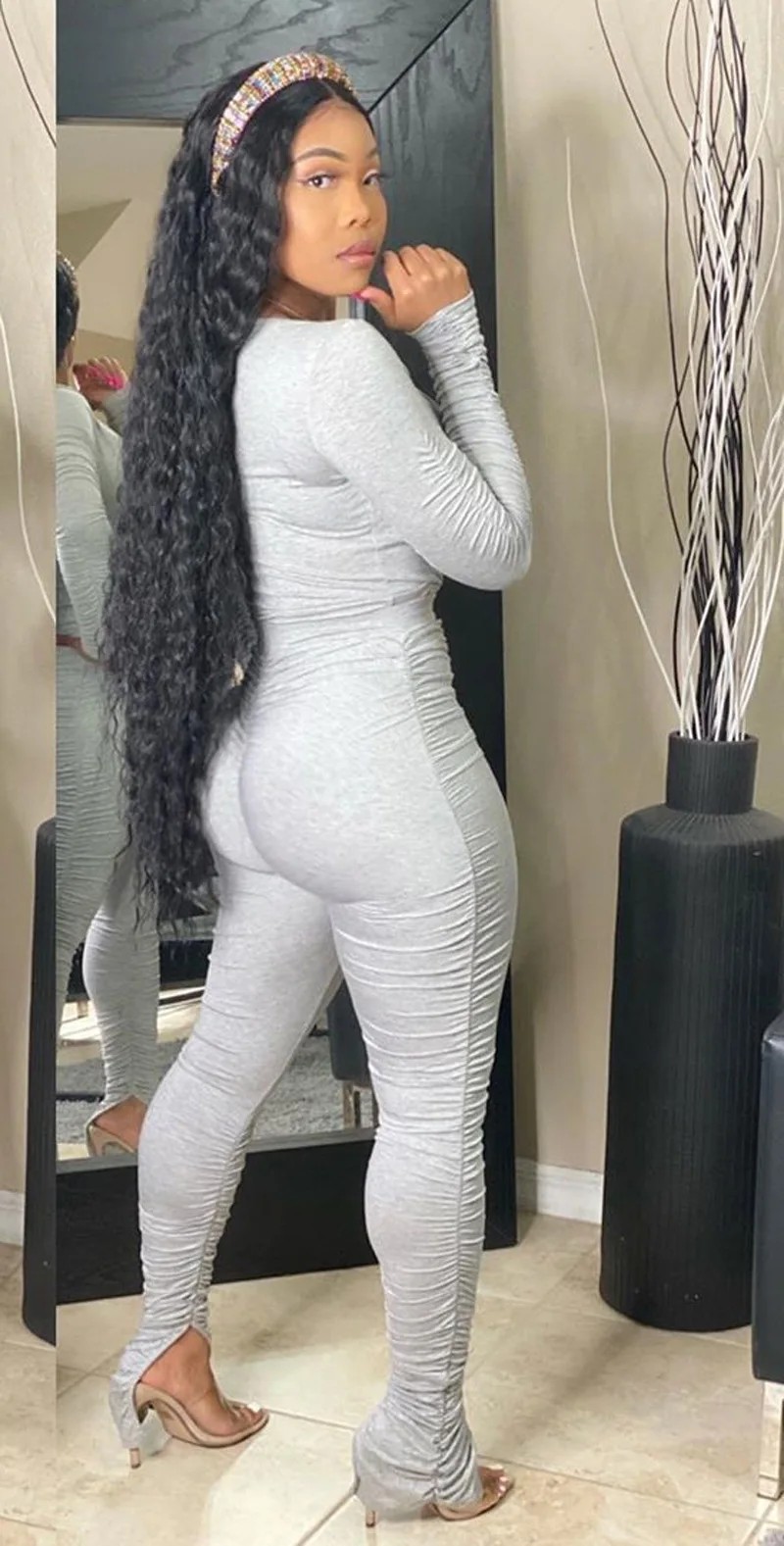 

Mono Mujer Verano Sexy V-neck Long Sleeve Skinny Jumpsuits Women Stacked Slightly Split Casual Female Overalls Combinaison Femme