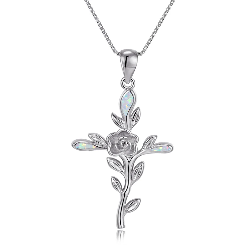 

Boho Female Rose Flower Pendant Necklace Rose Gold Silver Color Chain Necklace Vintage White Blue Opal Cross Necklaces For Women