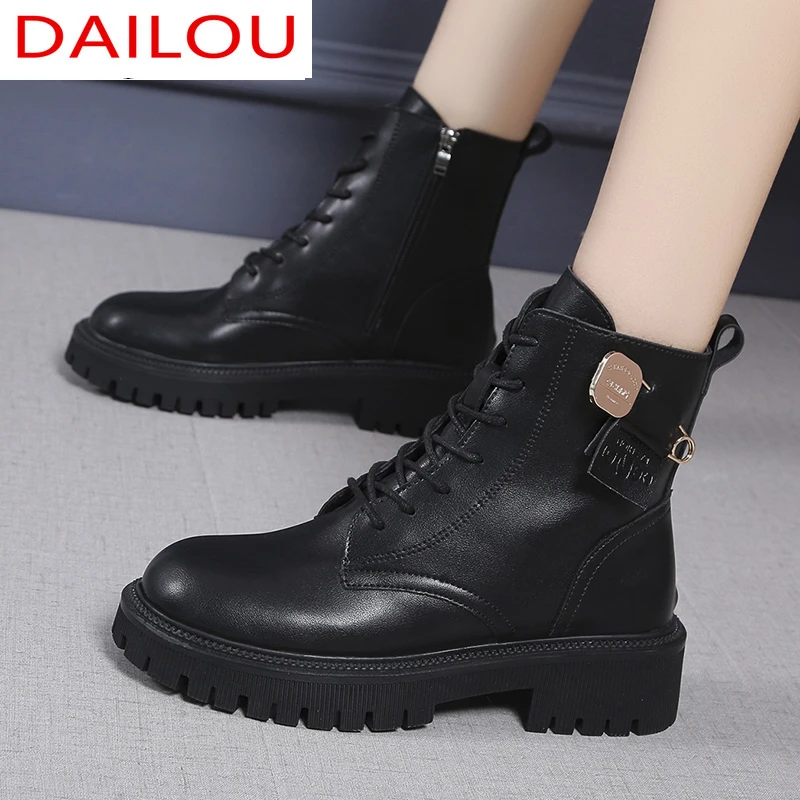 

2021 Autumn Women Fashion Ankle Boots PU Leather Zipper Motorcycle Boots Woman Non-slip Waterproof Female Platform Women Botas