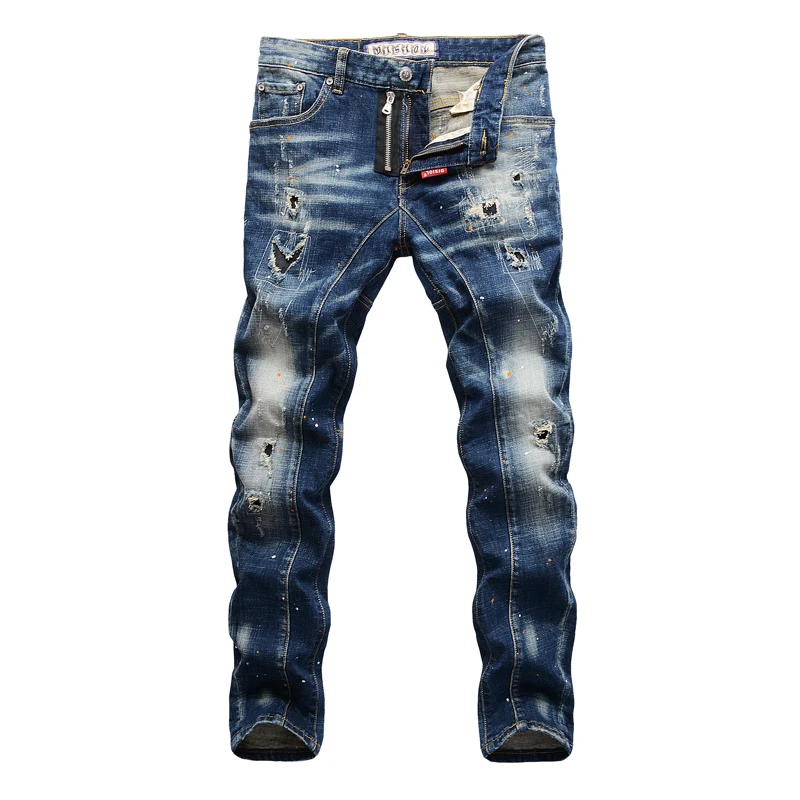 

Men Punk Pants Spliced Designer Hip Hop Jeans Homme Italian Style Fashion Men Jeans Retro Blue Slim Fit Elastic Ripped Jeans