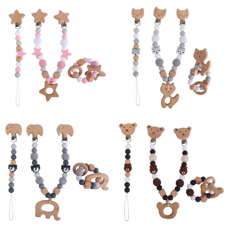 

3Pcs/Set Baby Stroller Hanging Clip Pendant Mobile Rattle Dummy Holder Pacifier Chain Wooden Ring Bracelet Teether Toy