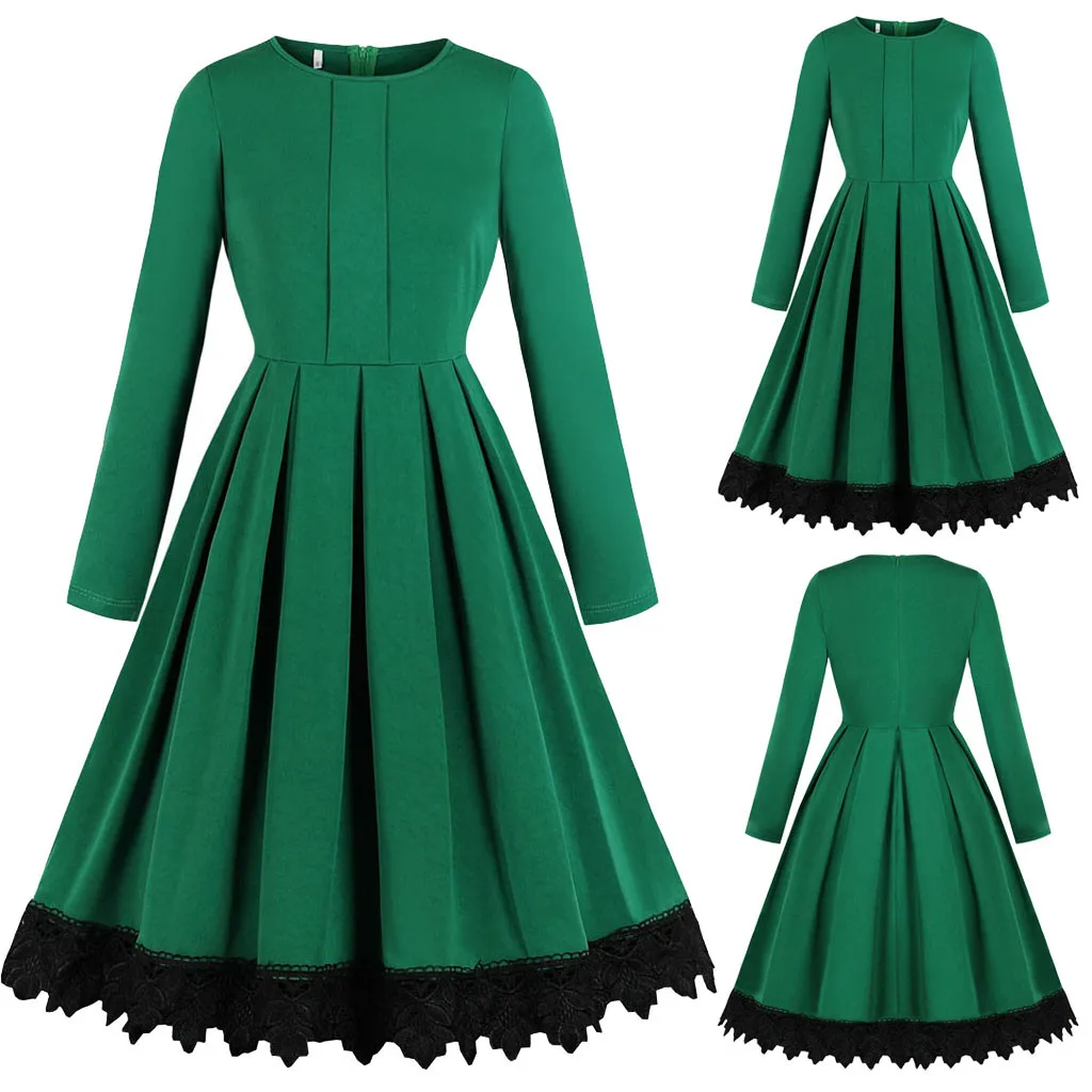 

Vogue Ladies Retro Stitching long-sleeved Solid Color Autumn And Winter A-shaped Mid-Calf Dress Casual Wild Temperament