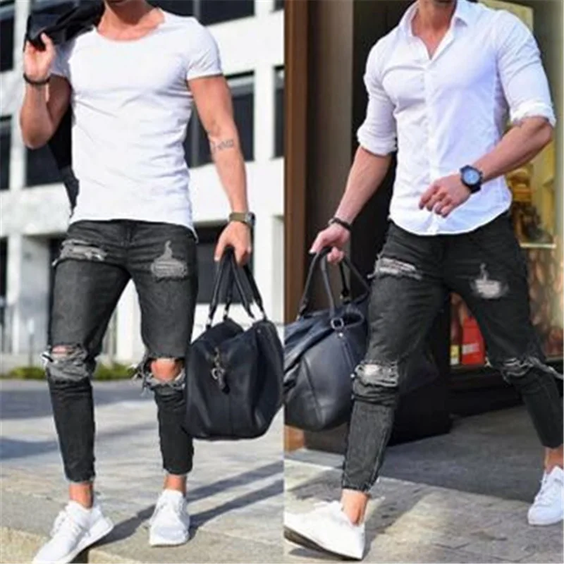Europe  America Men's Ripped Jeans Sexy Cool Stree Style Fashion Denim Pants Slim Frayed Casual Pants Trousers Biker Jeans