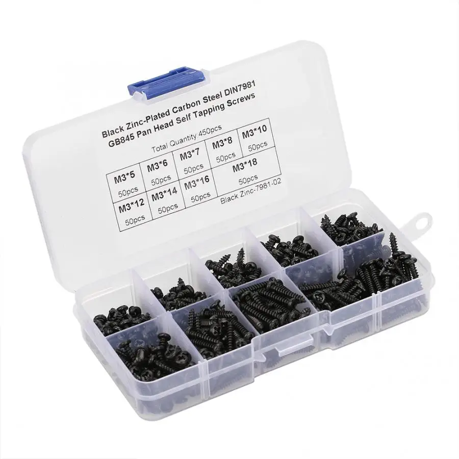 M3 Stainless Steel Tapping Screws Screw Pan Self screws Set Assortment Kit Black Fastener New Arrival 450Pcs | Обустройство дома