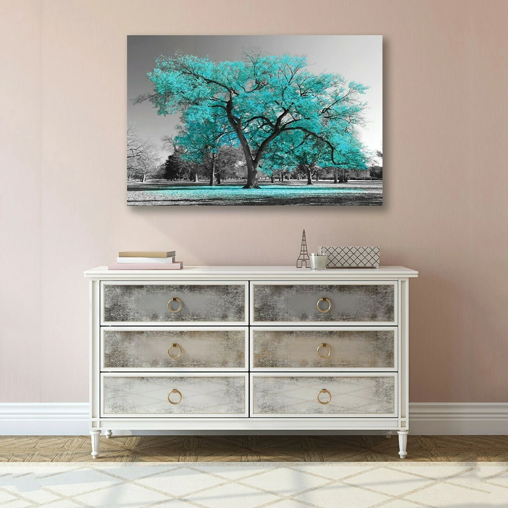 

Large Print Painting Tree Teal Turquoise Leaves Canvas Picture Ornament