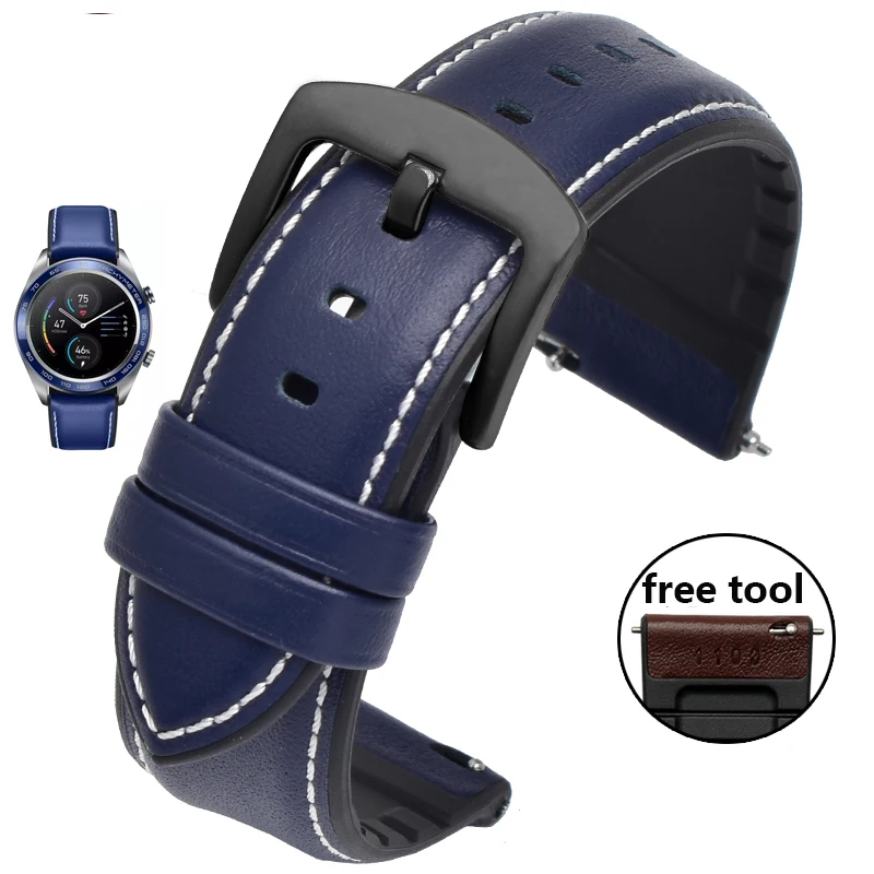 blue-black clasp 22 мм кожаный браслет для huawei Watch GT magic watch 2pro Смарт-часы в деловом стиле Замена 2 в 1 кожаный силиконовый ремешок - Цвет ремешка: blue-black clasp