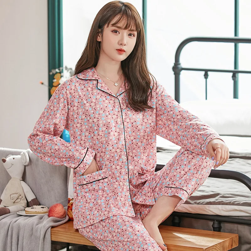 Autumn Ladies Pajamas Cotton Long-sleeved Trousers Two-piece Women's Casual Loose Plus Size Home Wear Fashion Trend Pajamas