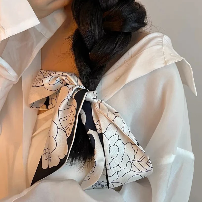 

French Print Hair Scarf Vintage Hair Band Simple Headdress Camellia Ponytail Hairband Hair Accessories Neck Scarf Bags Accessory
