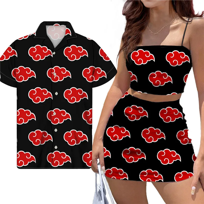 Red Akatsuki Logo Pattern Couple Clothes Women Sexy Crop Top Short Dress Suit Plus Anime Shirts For Men Harajuku Couple Outfits