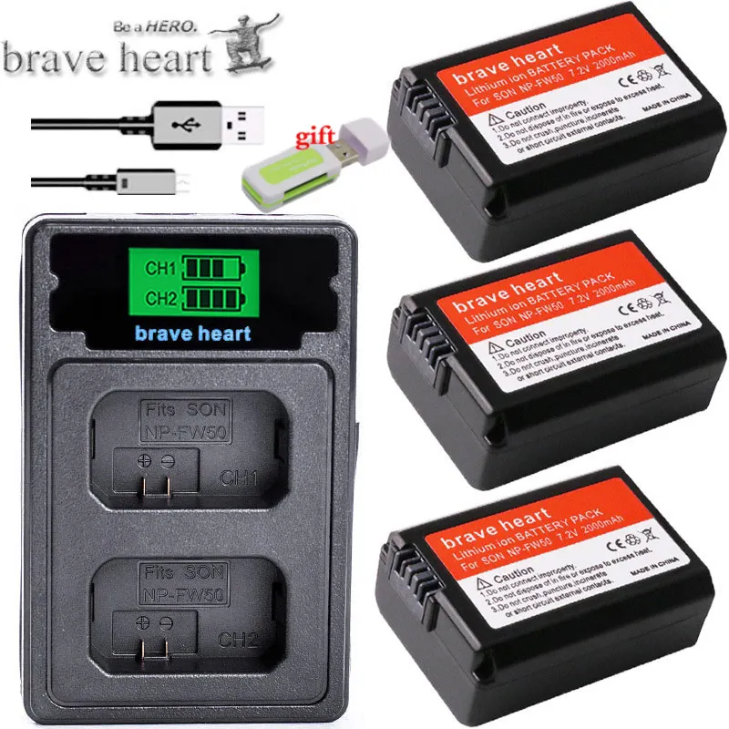 Brave сердце 3x bateria NP-FW50 NP FW50 NPFW50 батареи для sony NEX 5T 5R 5TL 5N 5C 5CK A7R A7 F3 3N 3CA55 A37 A5000