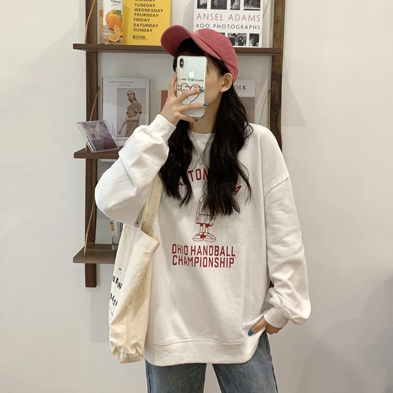 

Women's Hoodie White Pullover Women's Spring Autumn Thin 2021 Harajuku Fashion Loose Round Neck Sweatshirt Long Sleeve Top