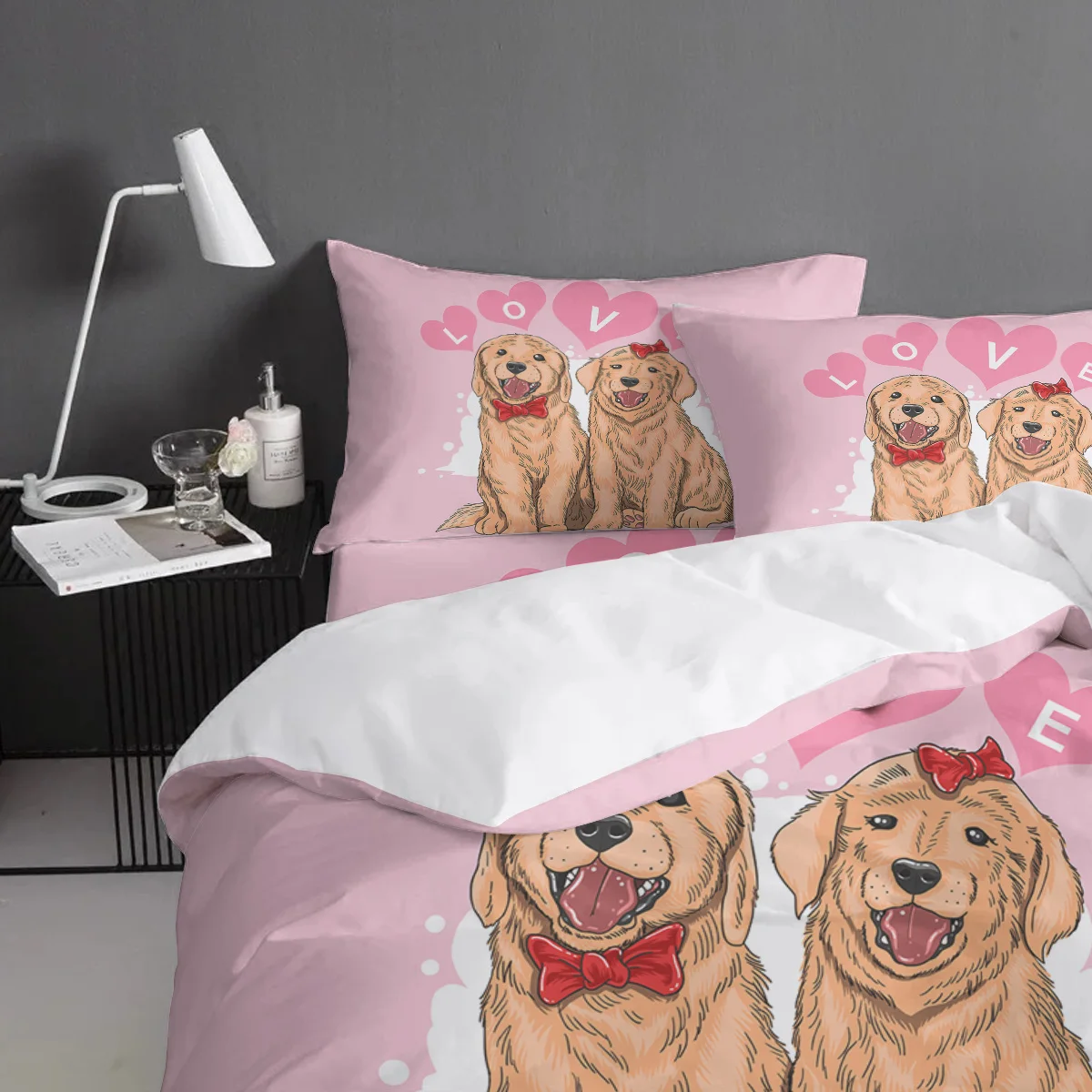 Valentine'S Day Pink Couple Pet Dog Pattern Duvet Cover Set 3/4pcs Bedding Bed Sheet Pillowcases | Дом и сад