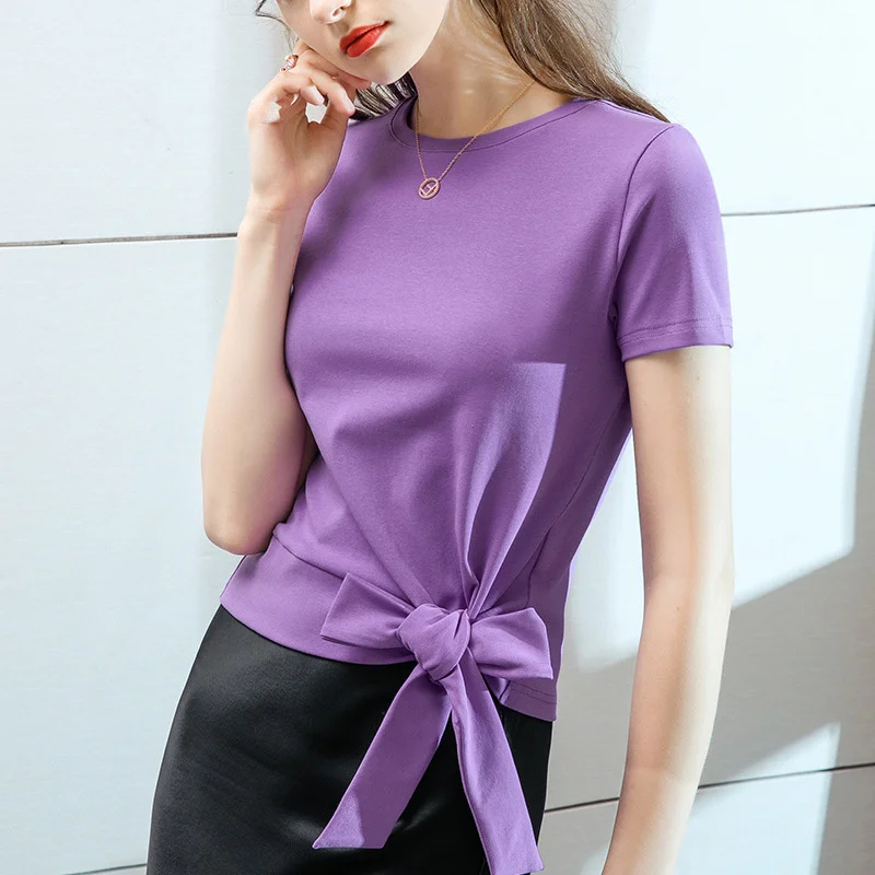 

Solid color short sleeve t-shirt female 2021 summer half sleeve round neck cotton T-shirt age reducing bow tie design top