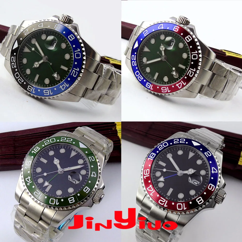 

Blue Face Automatic Men's Watch 40mm GMT Function Date Magifier SS Strap Bracelet Clasp Green Bezel