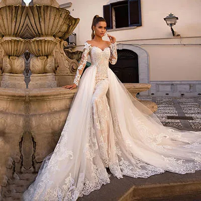 Model Color Свадебные платья русалки с длинными рукавами, съемные тюлевые платья для невесты с аппликацией в виде поезда, 2 в 1, Robe De Mariee, свадебные платья - Цвет: Model Color