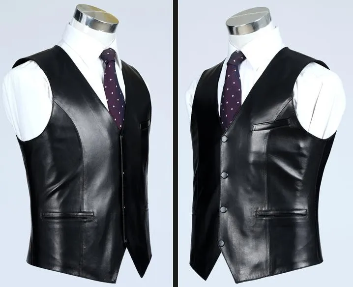 Тонкий черный Мужской приталенный жилет из натуральной кожи повседневный