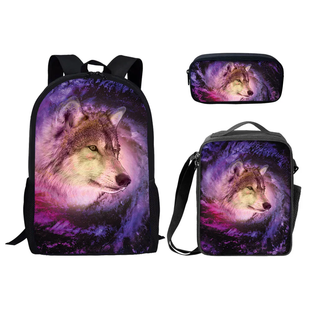 ELVISWORDS Custom Backpacks 3Pcs/Set Starry Sky Wolf Printed School Bags Travel Rucksack For Teenager Orthopedic School Backpack