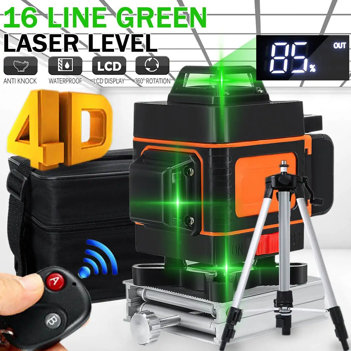 

1 Set 16 Lines 4D Laser Levels Green Self-Leveling 360 Horizontal&Vertical Powerful Green Beam Hanging with Bracket/Tripod