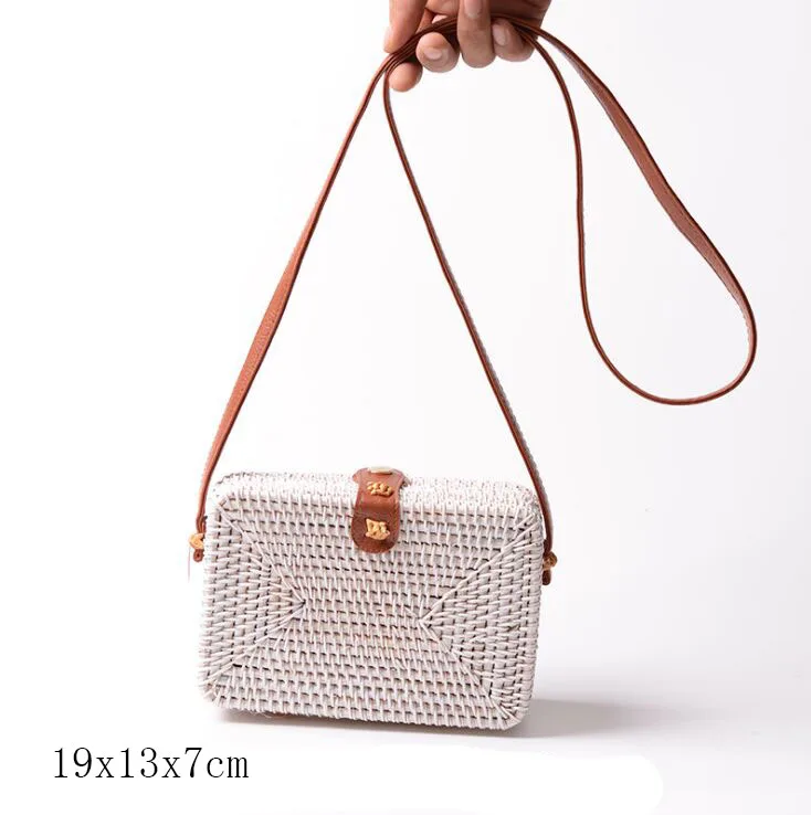 white A 19x13x7cm Солнечный пляж, ручные тканые сумки, круглая сумка с пряжкой, Ротанговые соломенные сумки, ранец, богемная пляжная круглая сумка - Цвет: white A 19x13x7cm